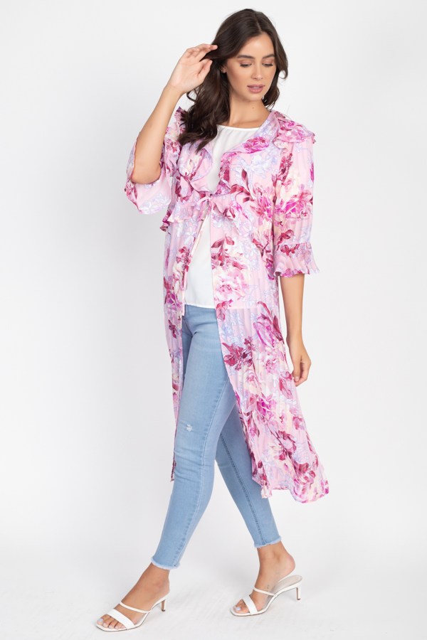 3/4 Sleeves Ruffle Robe Cardigan in Floral/Pink