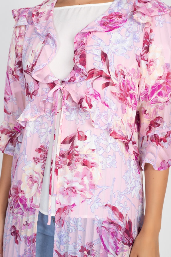 3/4 Sleeves Ruffle Robe Cardigan in Floral/Pink