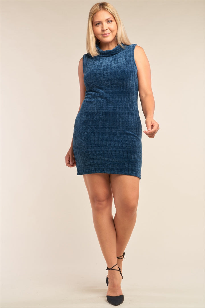 Plus Size Sleeveless Ribbed Knit Semi-turtleneck Mini Dress Teal