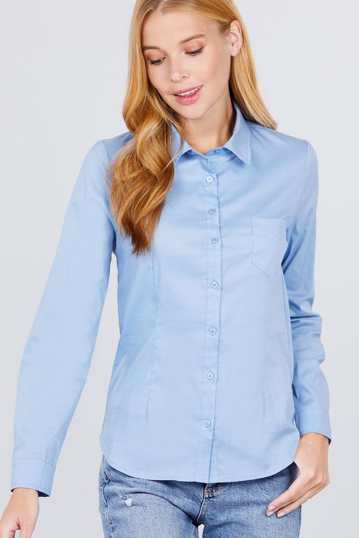 Long Sleeves Women Button Down Woven Shirts Business Formal Work Tops in Blue