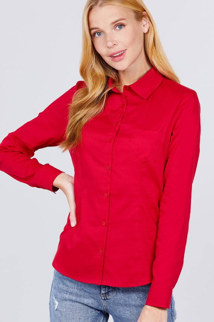 Long Sleeves Women Button Down Woven Shirts Business Formal Work Tops in Red