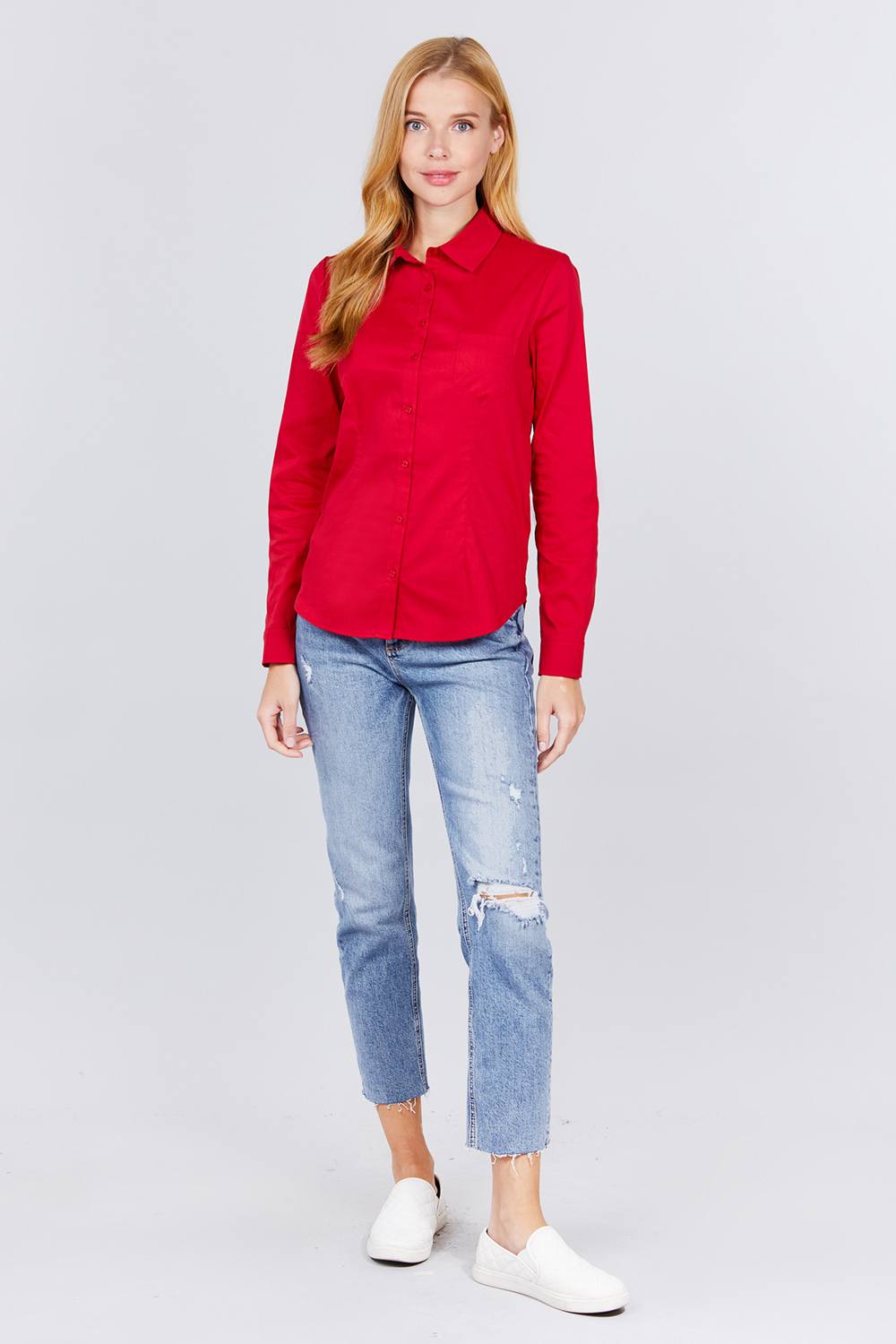 Long Sleeves Women Button Down Woven Shirts Business Formal Work Tops in Red