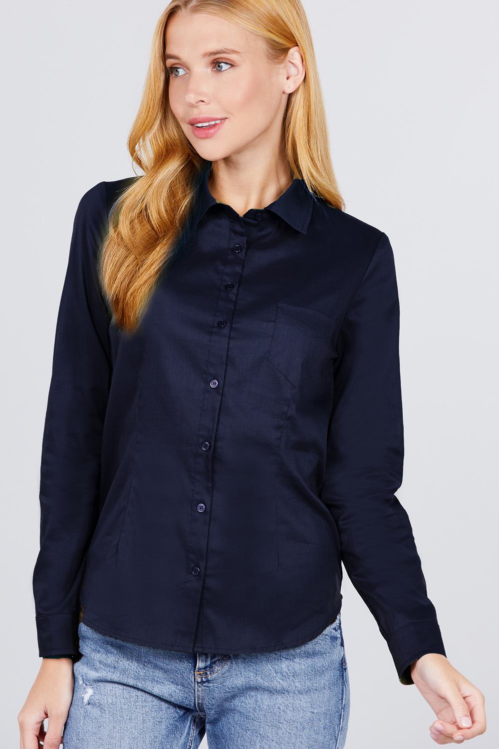 Long Sleeve Button Down Woven Shirts Women Business Formal Workwear Tops in Navy