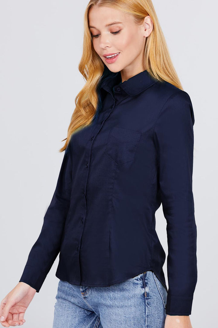 Long Sleeve Button Down Woven Shirts Women Business Formal Workwear Tops in Navy