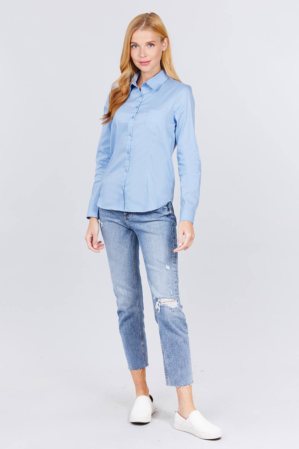 Long Sleeves Women Button Down Woven Shirts Business Formal Work Tops in Blue