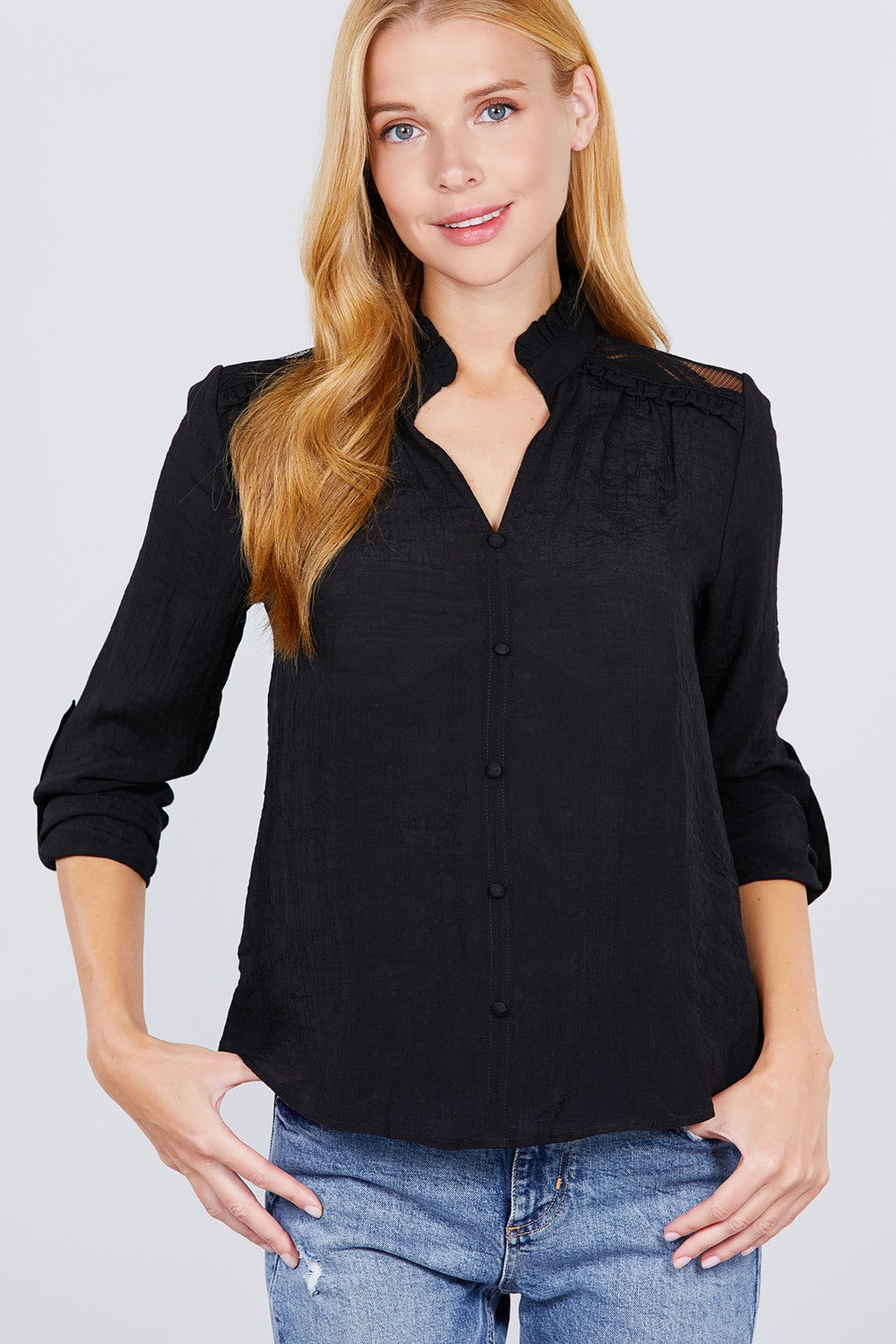 Long Sleeve V-neck Button Down Woven Top Women Fall Tops in Black