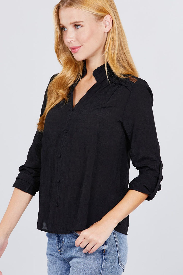 Long Sleeve V-neck Button Down Woven Top Women Fall Tops in Black