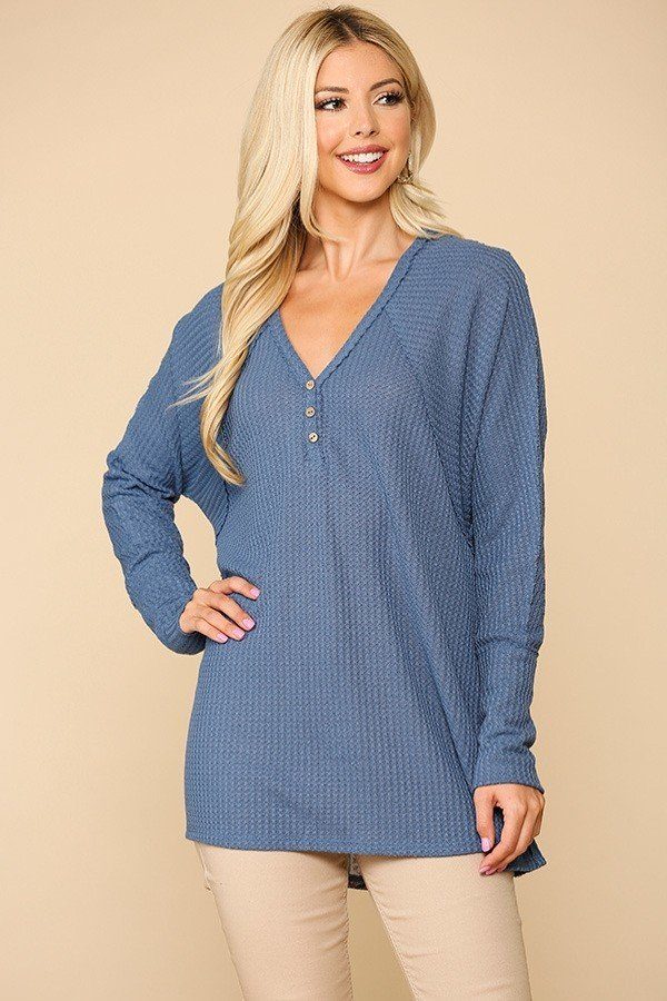 Long Sleeve Waffle Knit And Woven Print Mixed Hi Low Flowy Tunic Top