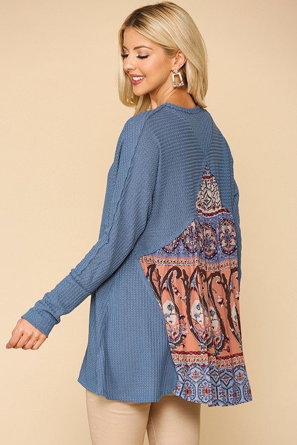 Long Sleeve Waffle Knit And Woven Print Mixed Hi Low Flowy Tunic Top