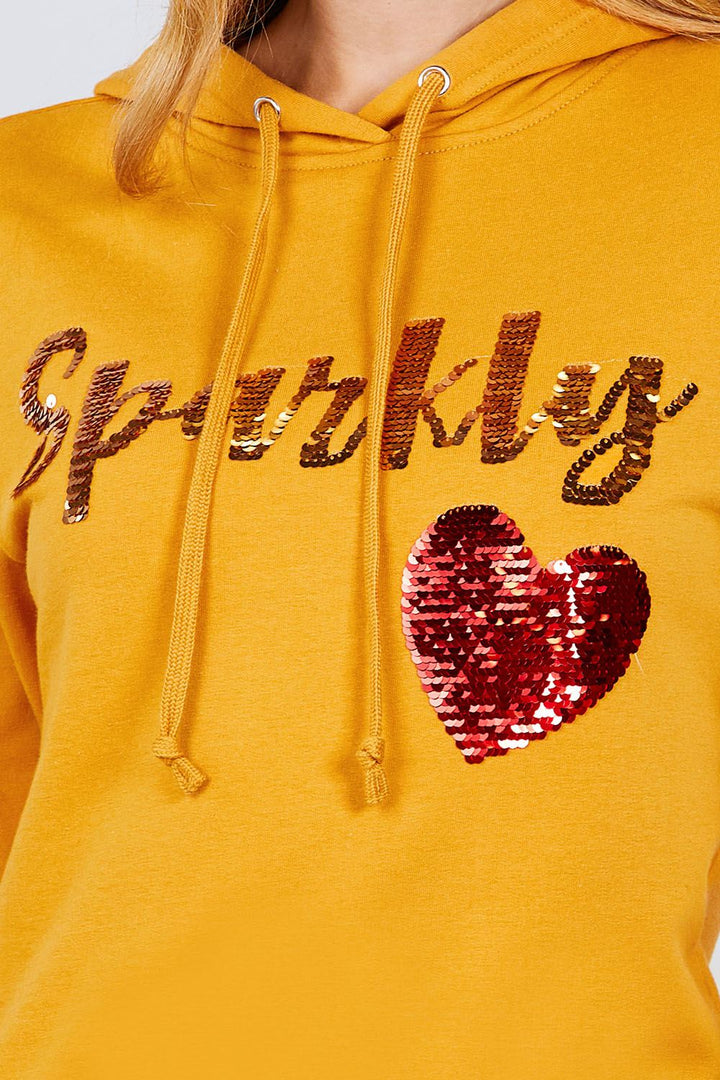 Long Sleeve Sparkly Sequins Hoodie Pullover Women Fall Pullover Tops in Mustard