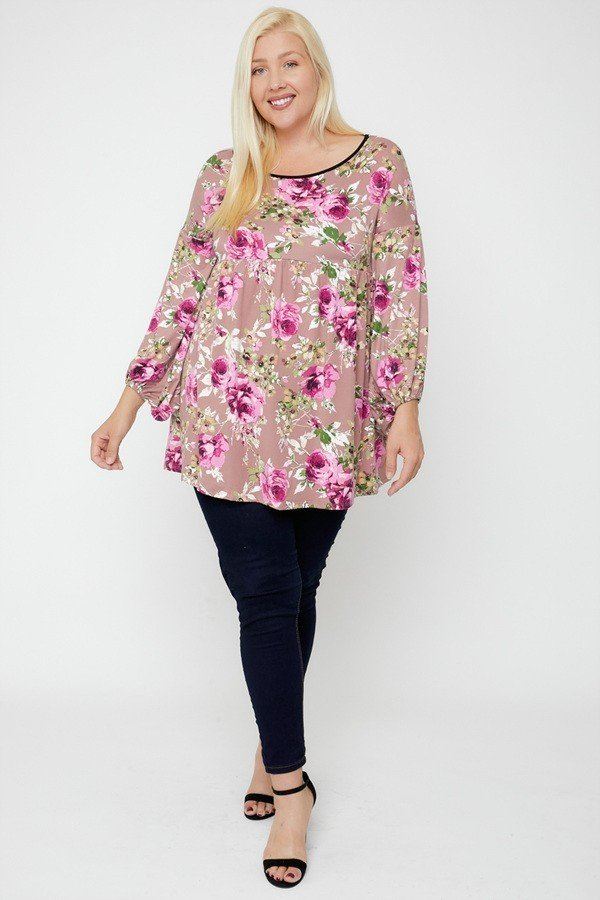 Floral Bubble Sleeve Tunic Top in Pink/Floral