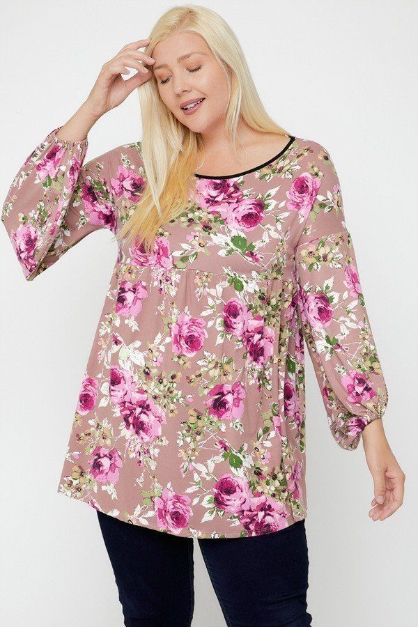 Floral Bubble Sleeve Tunic Top in Pink/Floral