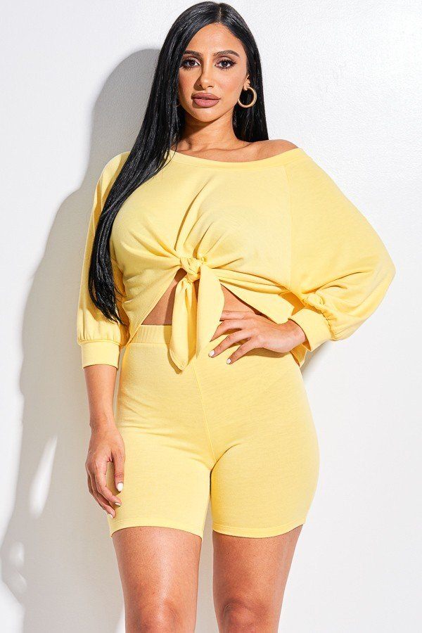 Solid French Terry Tie Front Off The Shoulder Slouchy Top And Shorts Two Piece Set in Yellow