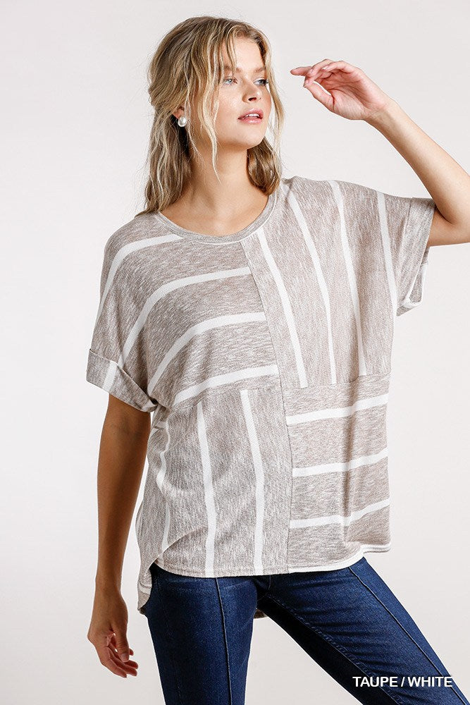 Horizontal And Vertical Striped Short Folded Sleeve Top in Taupe