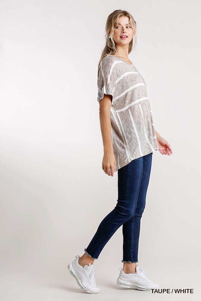 Horizontal And Vertical Striped Short Folded Sleeve Top in Taupe