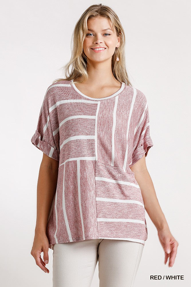 Horizontal And Vertical Striped Short Folded Sleeve Top in Red