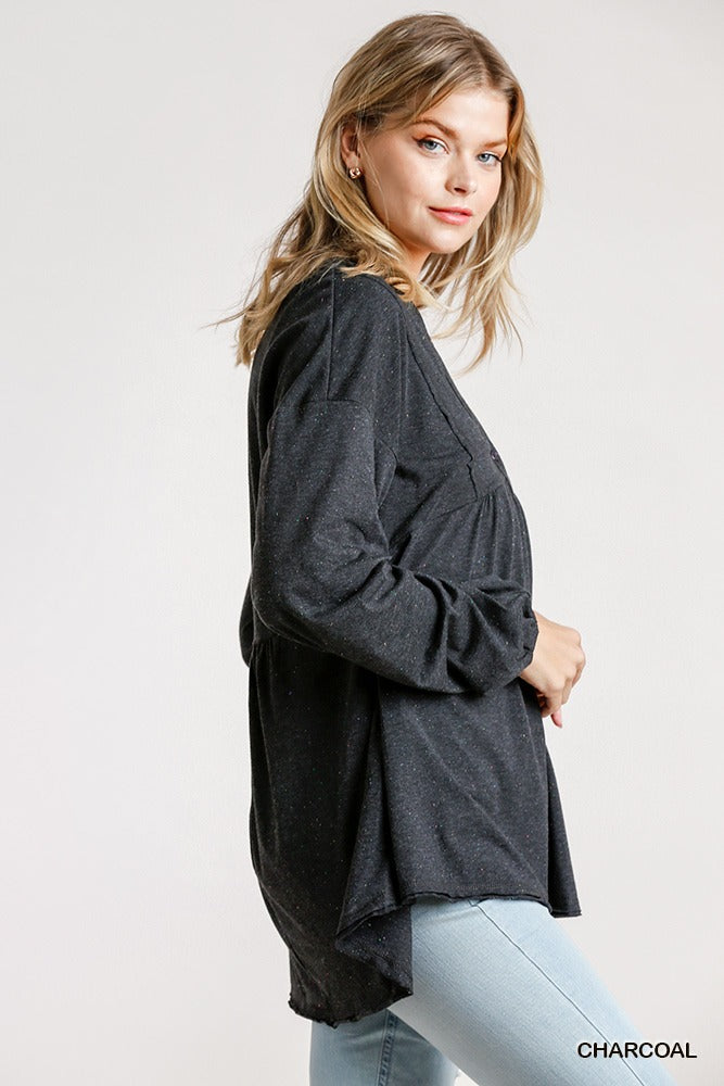 Confetti Detailed Long Puff Sleeve Babydoll Top in Charcoal