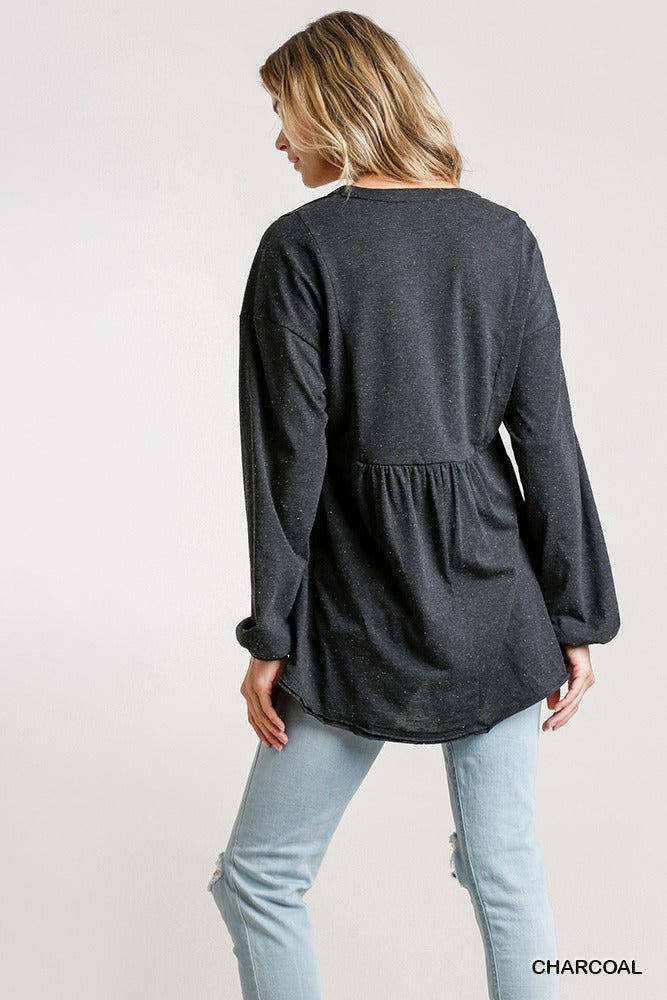 Confetti Detailed Long Puff Sleeve Babydoll Top in Charcoal