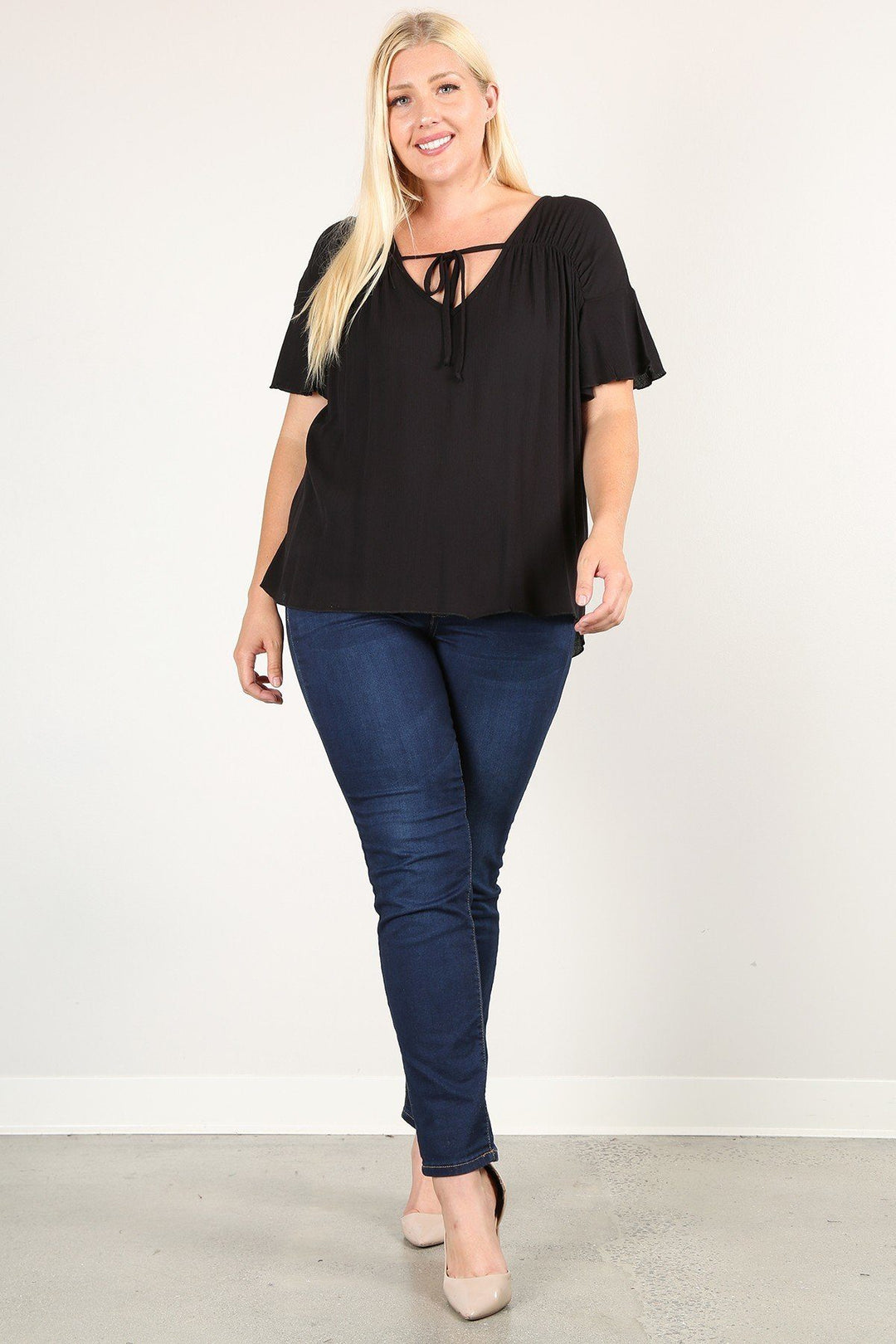 Plus Size Solid Top With A Necktie, Pleated Detail And Flutter Sleeves in Black