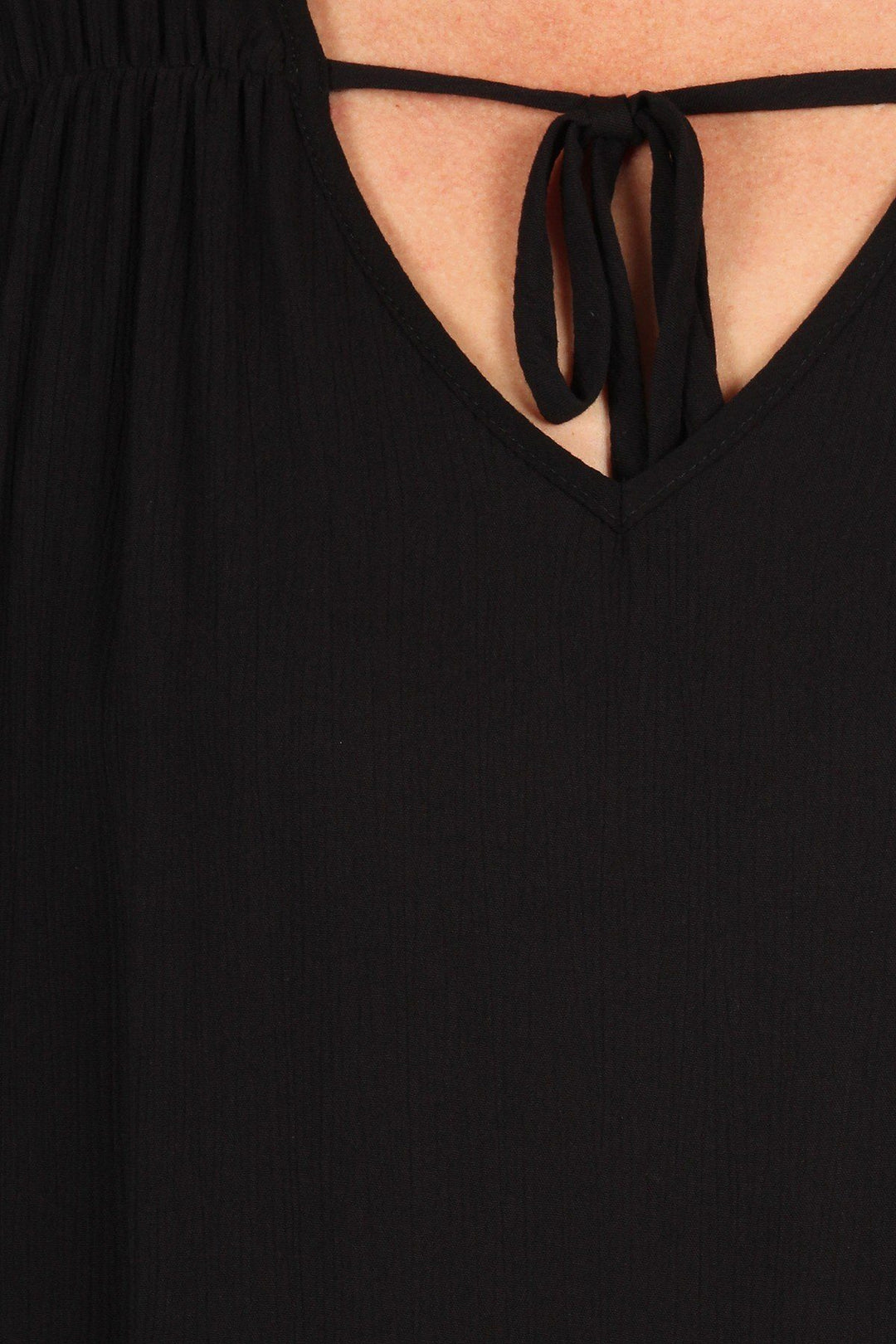 Plus Size Solid Top With A Necktie, Pleated Detail And Flutter Sleeves in Black