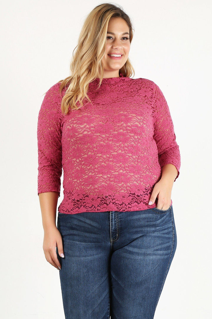 Plus Size Sheer Lace Fitted Top with 3/4 Sleeves in Rose