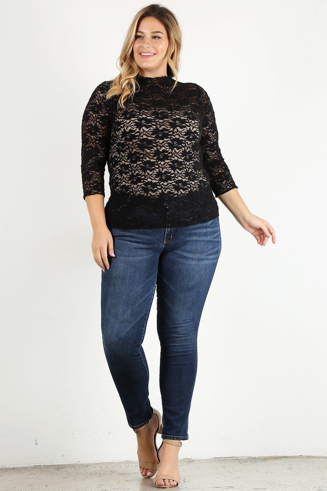 Plus Size Sheer Lace Fitted Top with 3/4 Sleeves in Black