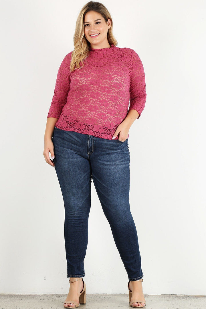 Plus Size Sheer Lace Fitted Top with 3/4 Sleeves in Rose