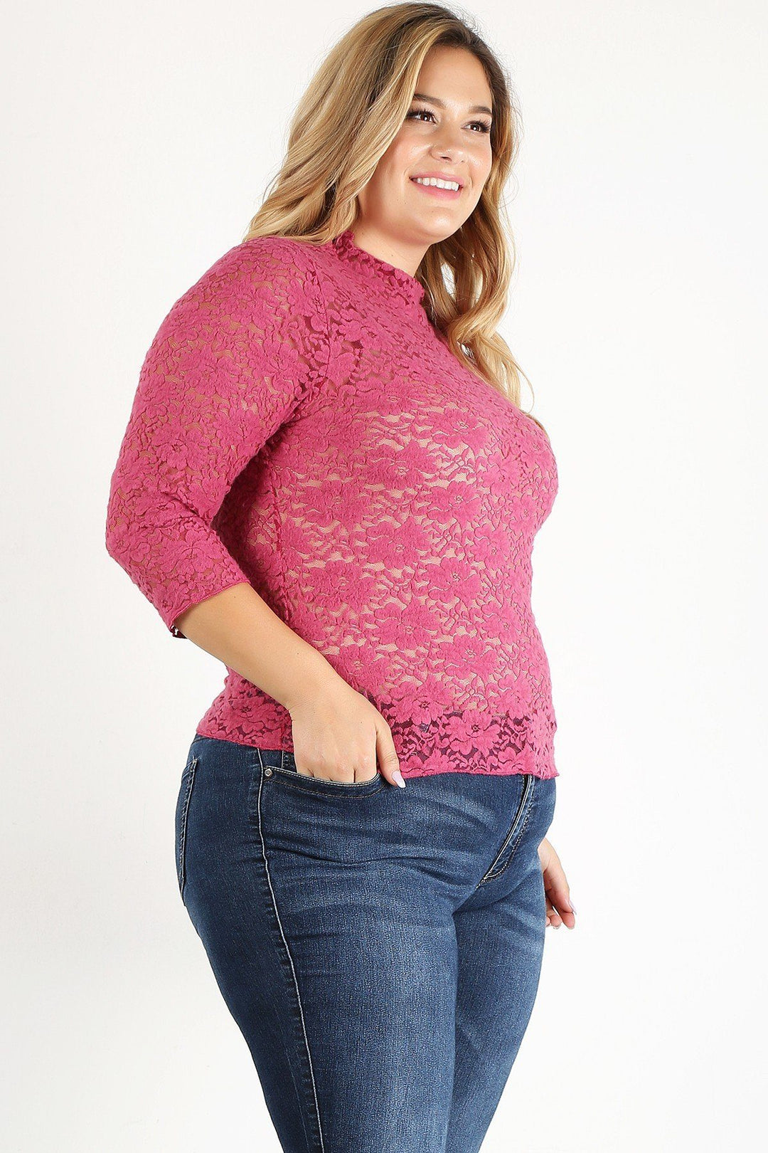 Plus Size Sheer Lace Fitted Top with 3/4 Sleeves in Rose