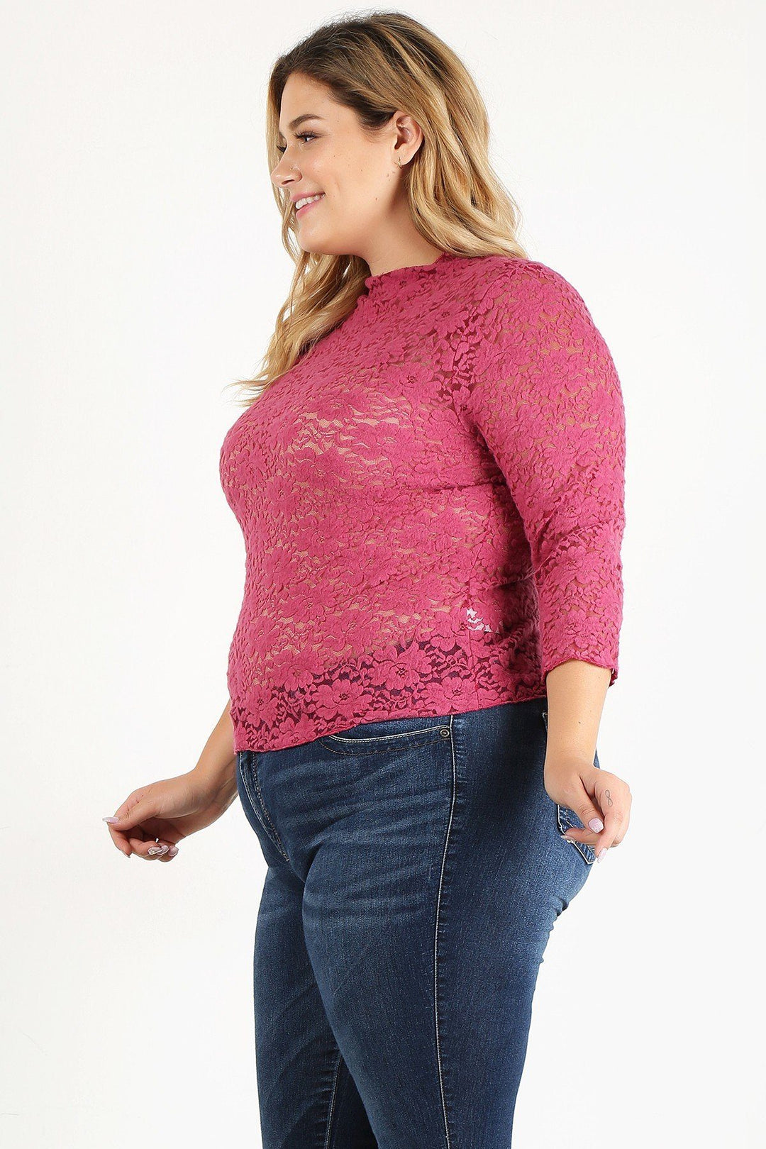 Plus Size Sheer Lace Fitted Top with 3/4 Sleeves in Rose