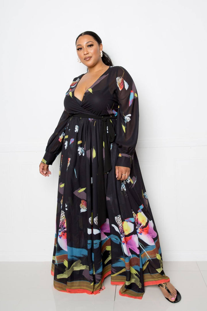 Tropical Print Maxi Dress in Black Multi