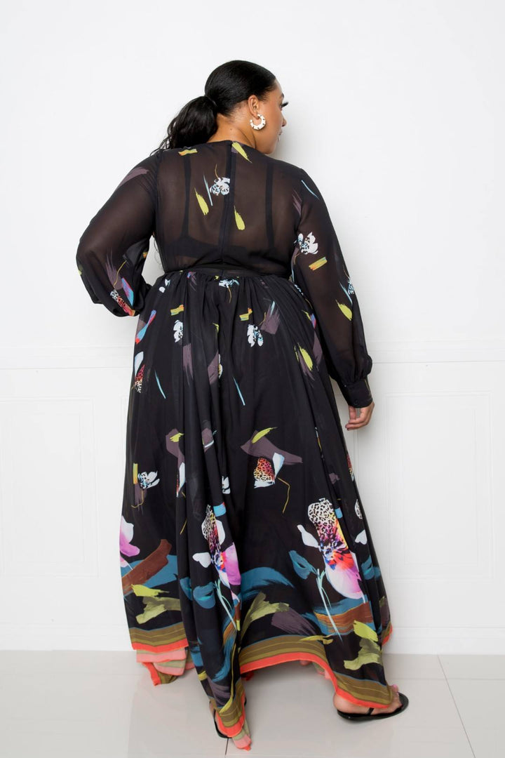 Tropical Print Maxi Dress in Black Multi