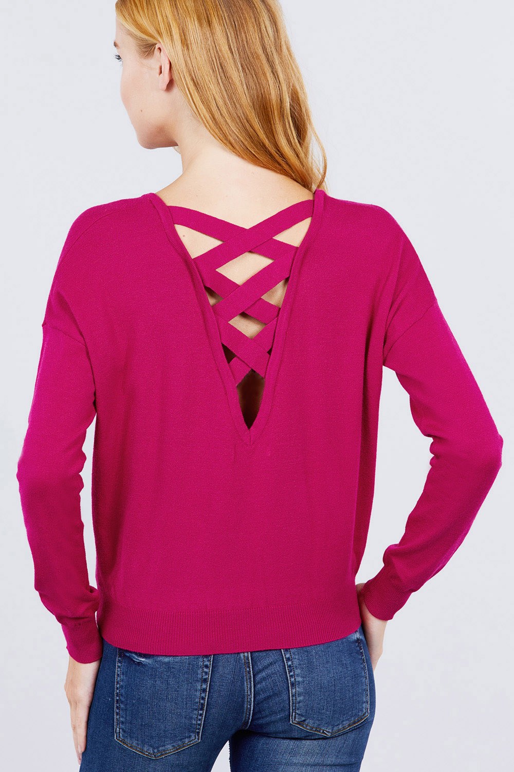 Long Sleeve V-neck Back Cross Sweater Tops in Magenta