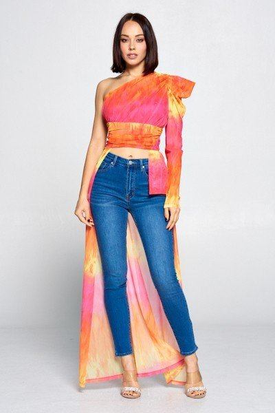 Tie Dye One Shoulder Top in Yellow/Fuchsia