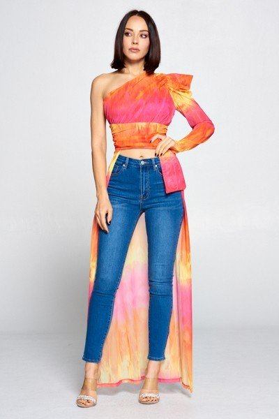 Tie Dye One Shoulder Top in Yellow/Fuchsia