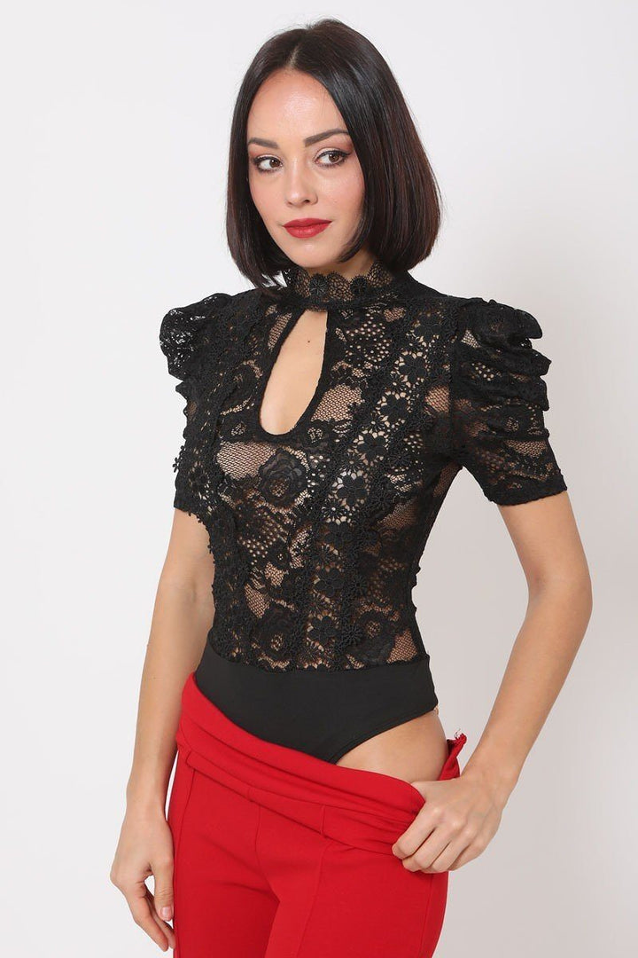 Lace Bodysuit with Front Key Hole Opening Details