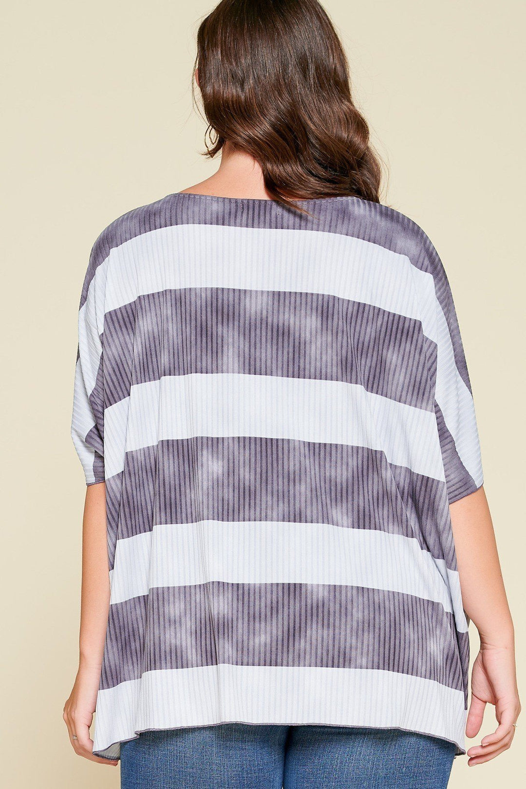 Stripe Printed Pleated Blouse Featuring A Boat Neckline And 1/2 Sleeves in Blue