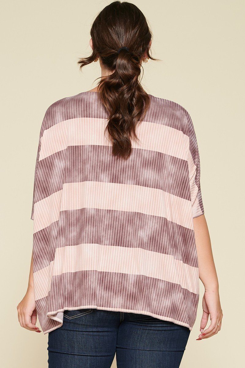 Stripe Printed Pleated Blouse Featuring A Boat Neckline And 1/2 Sleeves in Mauve