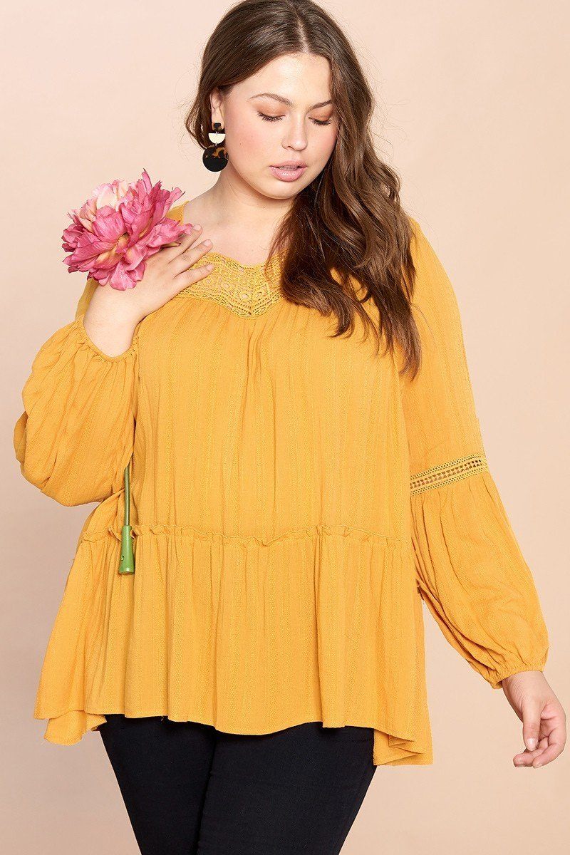 Long Sleeve Solid Woven Loose-fit Tunic Top in Mustard