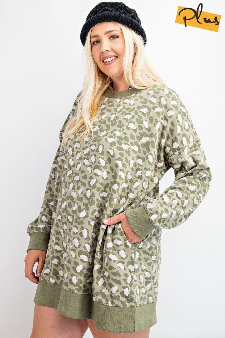 Long Sleeve Leopard Printed Terry Knit Dress in Faded Sage