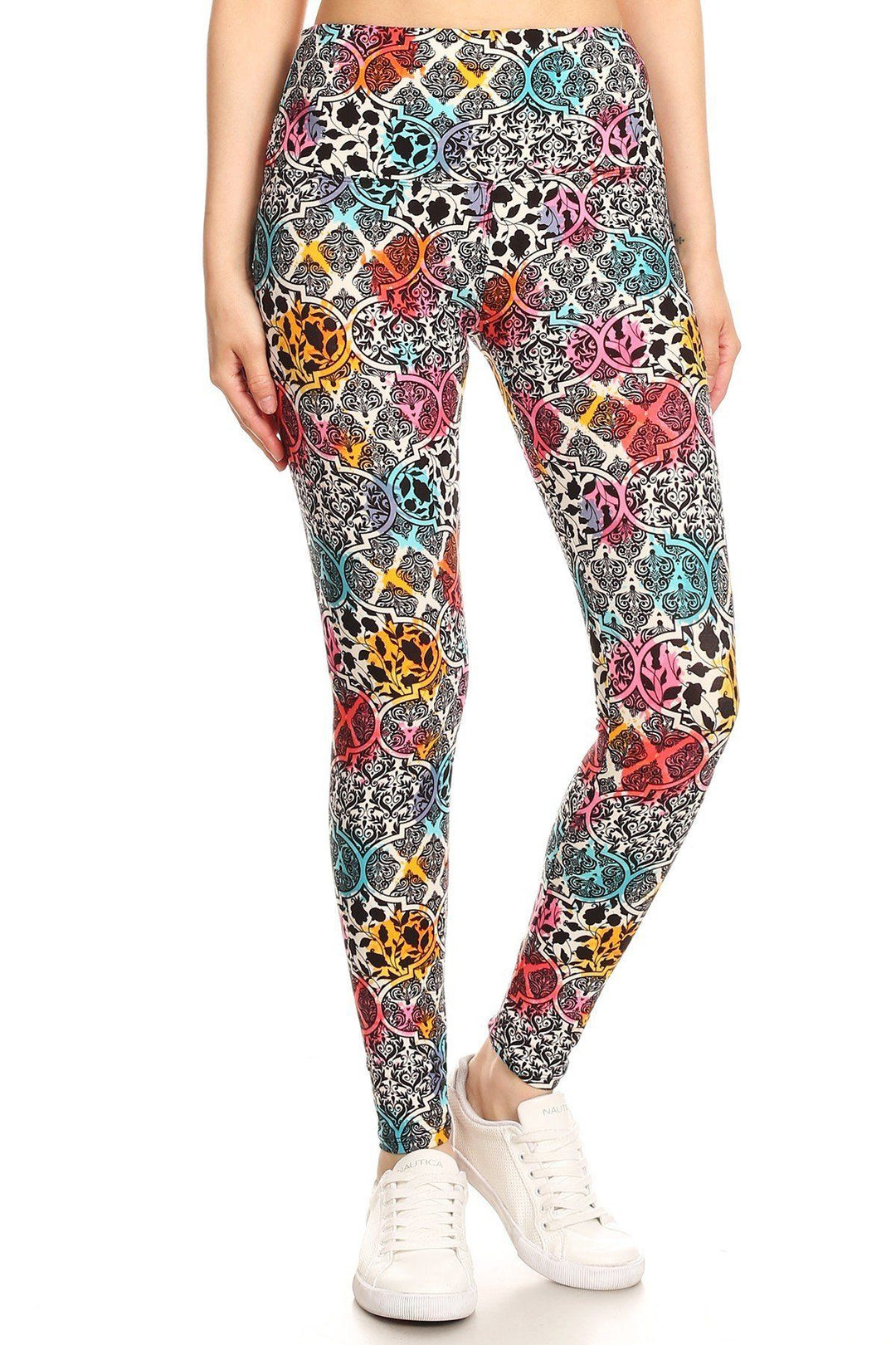 5-inch Long Yoga Style Banded Lined Damask Pattern Printed Knit Legging With High Waist