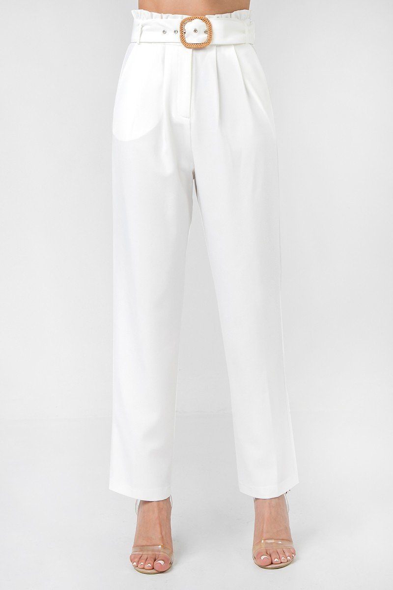 A Solid Pant Featuring Paperbag Waist With Rattan Buckle Belt in Off White