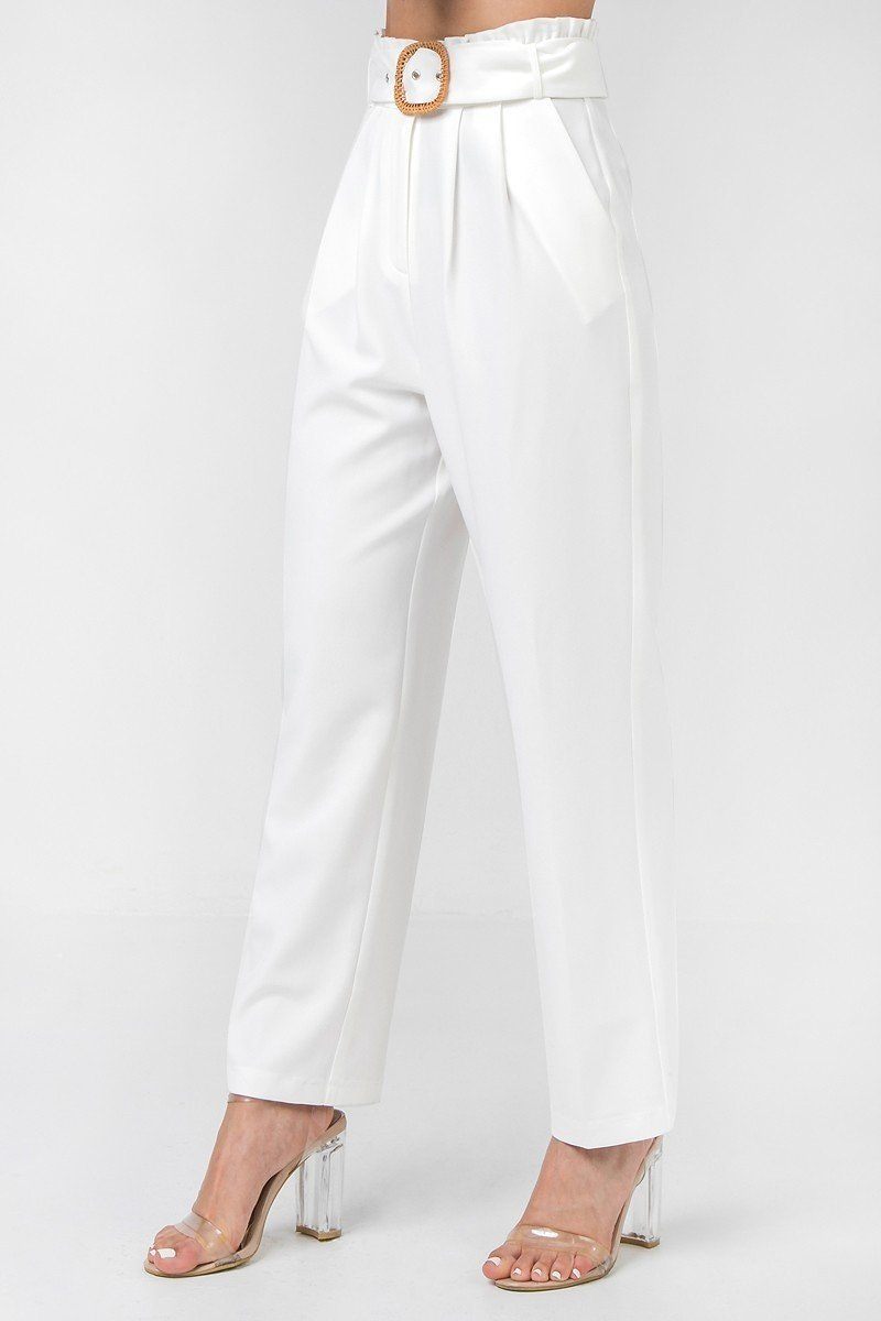 A Solid Pant Featuring Paperbag Waist With Rattan Buckle Belt in Off White