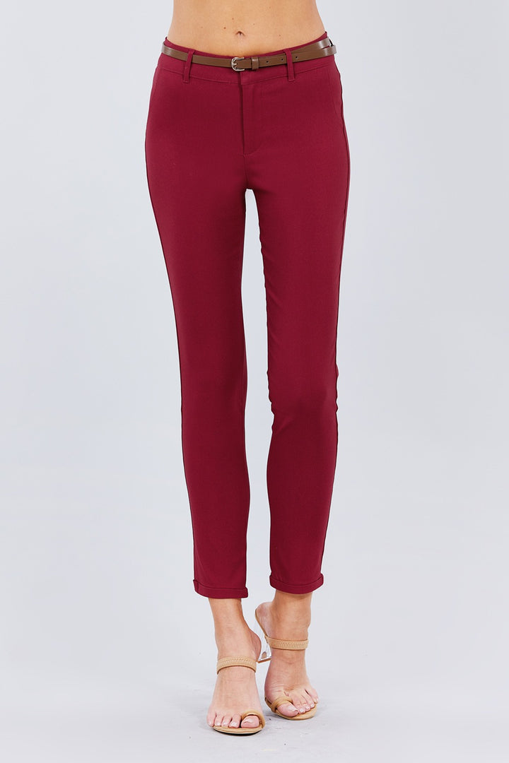Belted Textured Long Pants in Burgundy