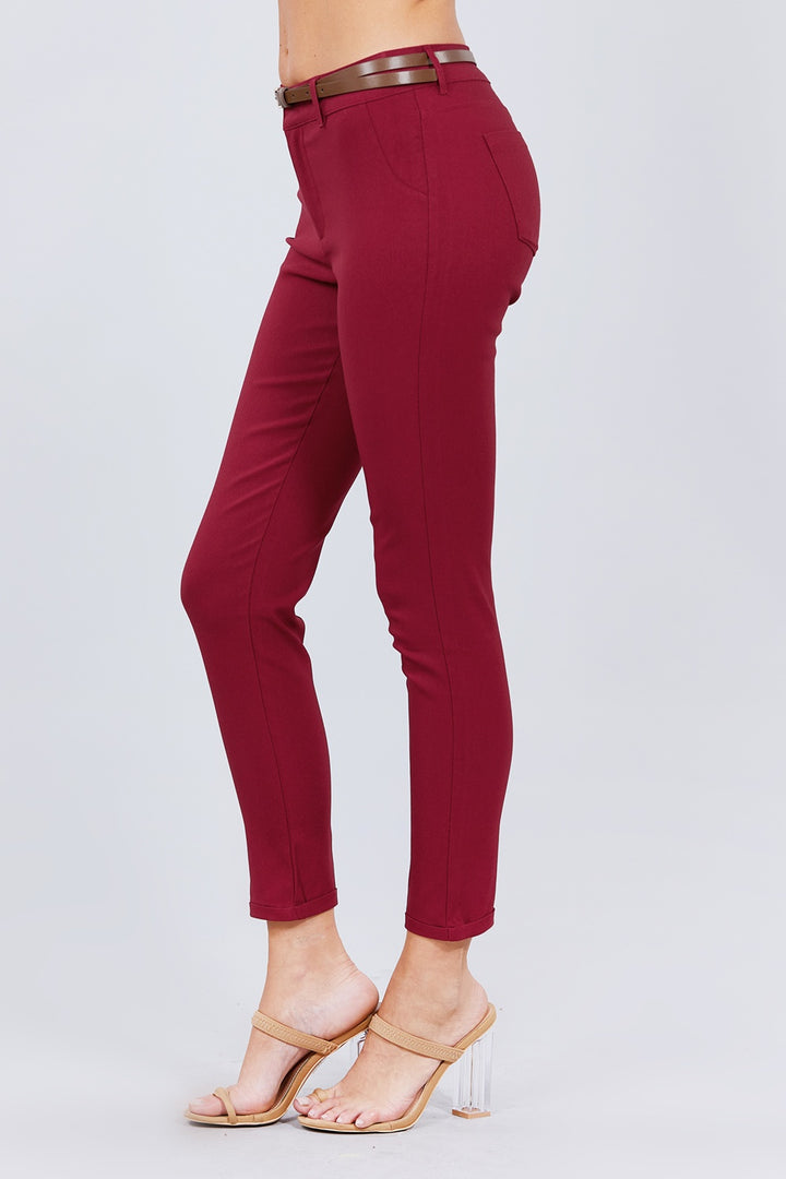 Belted Textured Long Pants in Burgundy