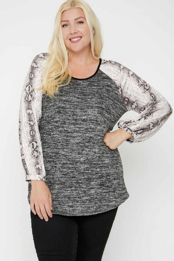 Two Tone Color Top Featuring Snake Print Long Bubble Sleeves in Charcoal/Snake