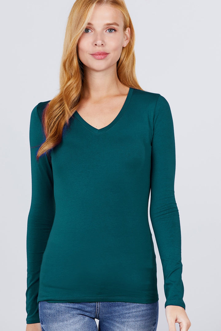 Long Sleeves Cotton Jersey V-neck Top in Winter Teal