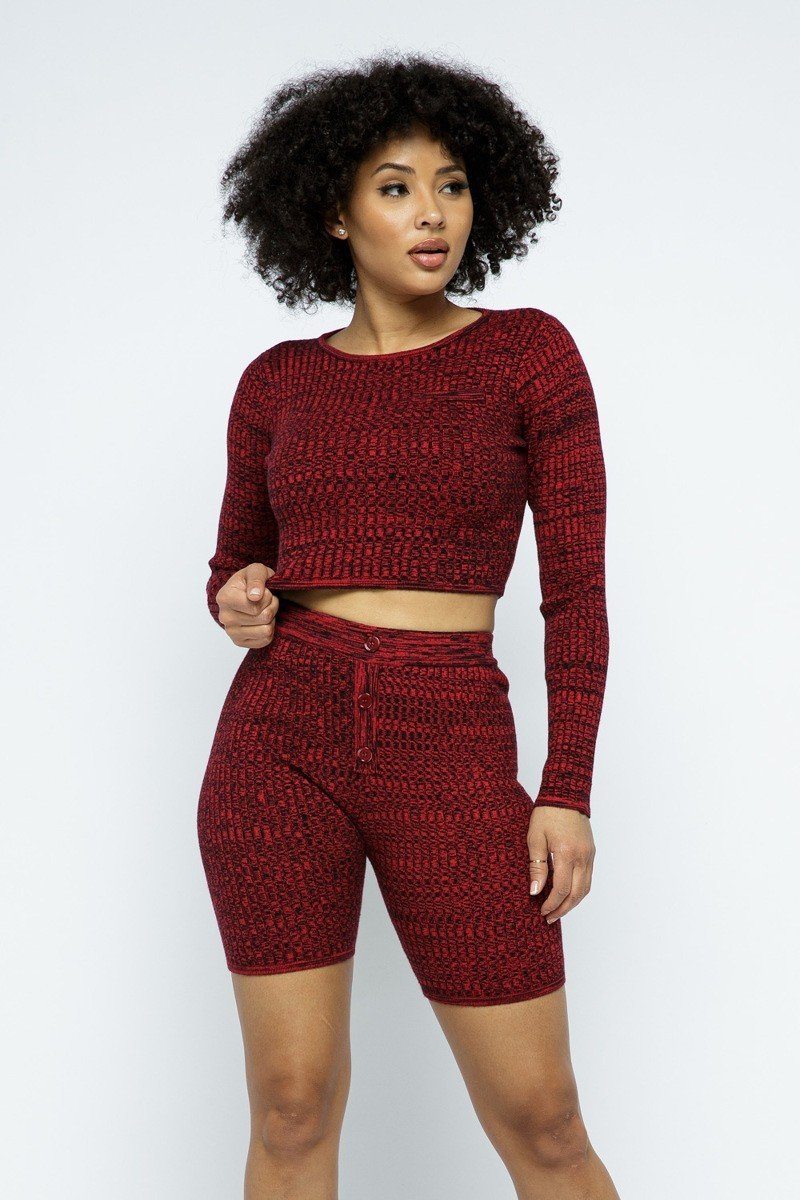 Knit Long Sleeve Cropped Top Knit High-waist Biker Shorts Set in Red
