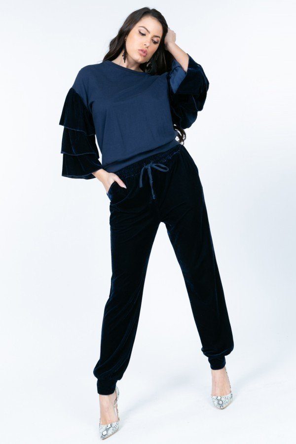 Tiered Velvet Ruffle Sleeve Pullover Crewneck Top in Navy Blue