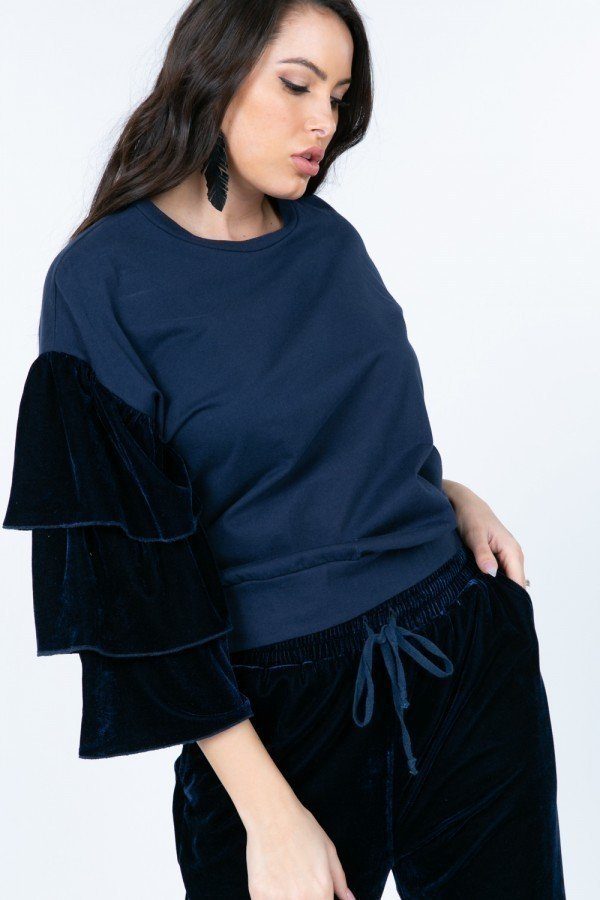 Tiered Velvet Ruffle Sleeve Pullover Crewneck Top in Navy Blue