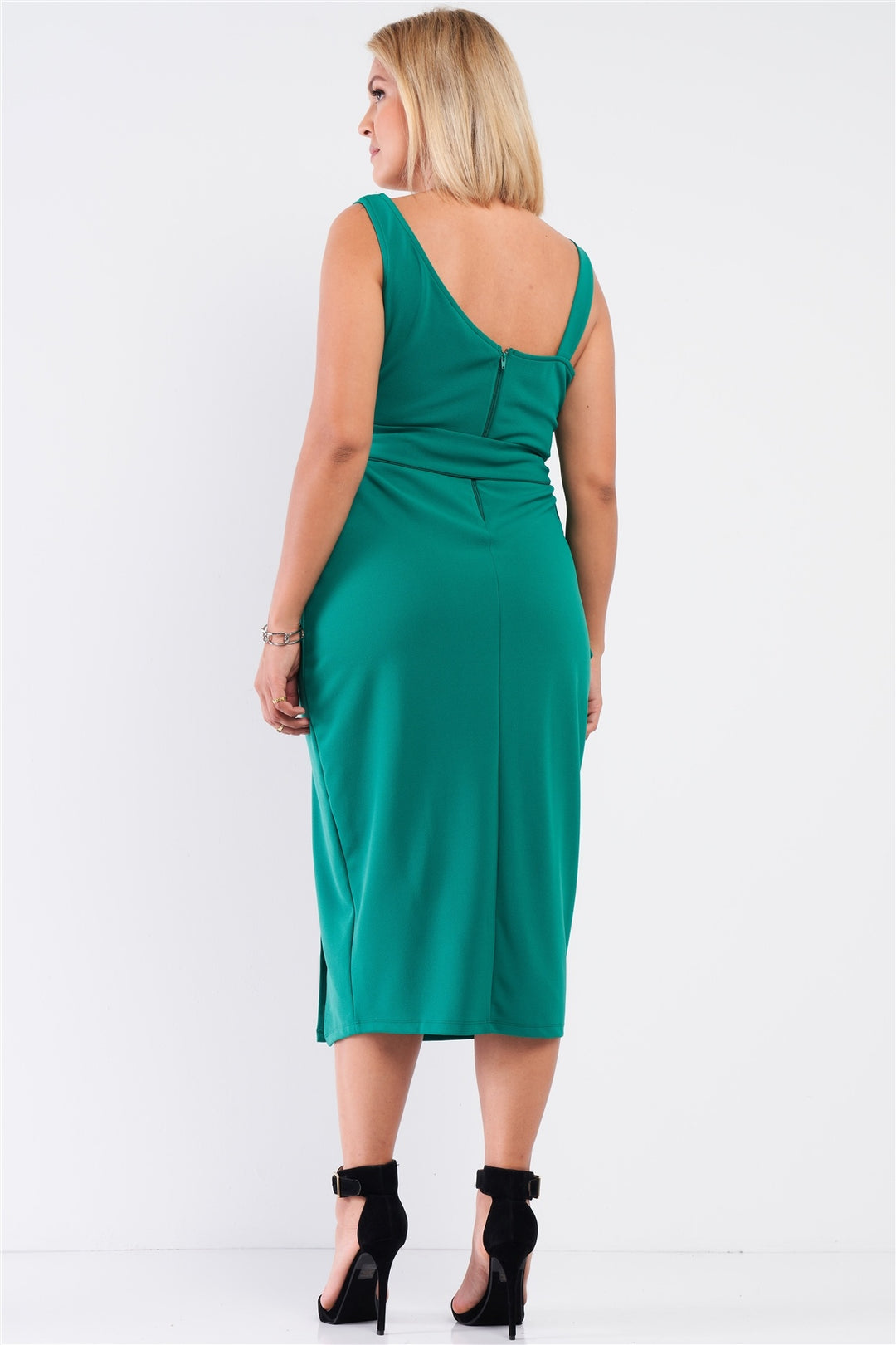 Plus Sleeveless Asymmetrical Shoulder Front Slit Detail Belted Dress in Sea Green